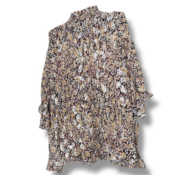 MAJE Cold-Shoulder Printed Metallic Fil Coupé Top Long Sleeve Ruffle Blouse Sz 3 - Picture 6 of 10